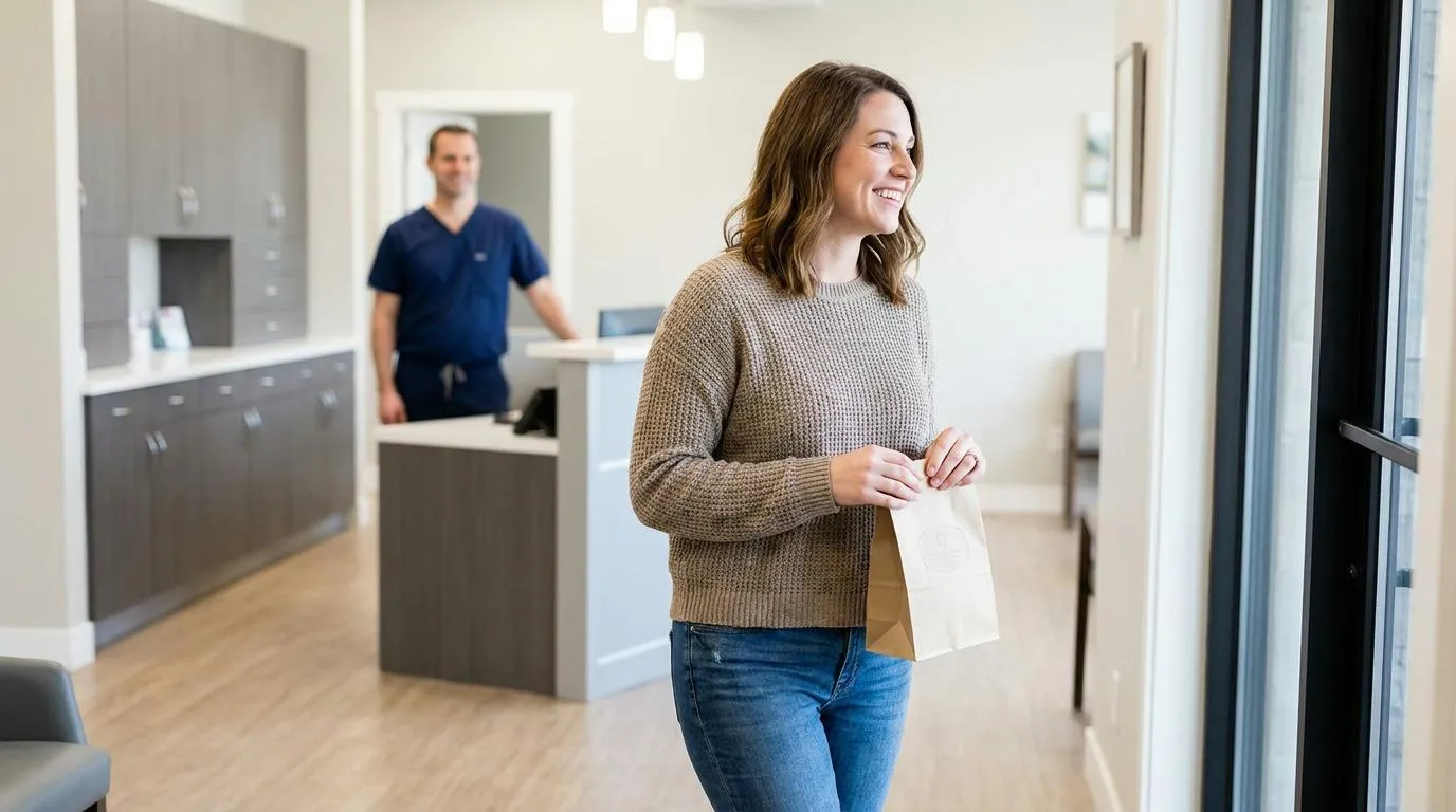 Audrey, a smiling woman in a brown sweater and jeans, stands in a modern dental office holding a small paper bag, looking toward a glass door as a man in blue scrubs stands behind a reception desk in the background.