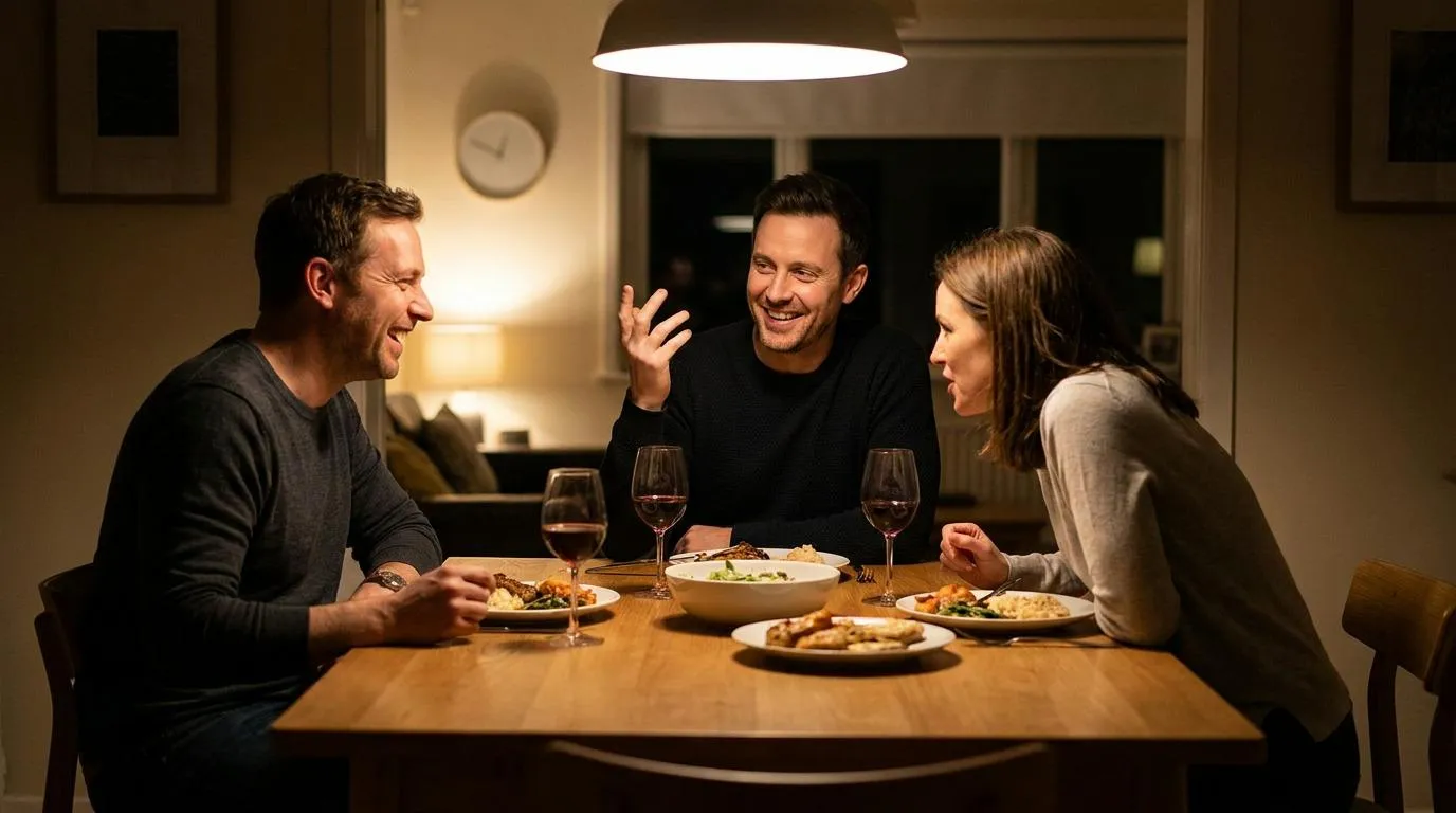 Three adults, Mark, Ryan, and Hannah, sit around a wooden dining table with plates of food and glasses of red wine, engaged in animated conversation under a hanging light.