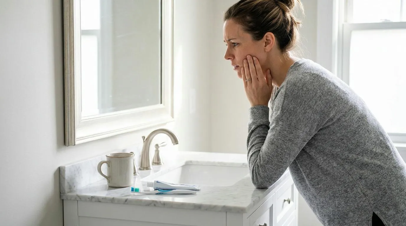 Audrey stands in a brightly lit bathroom, looking into a mirror with a worried expression, her hand touching her jaw, with a toothbrush, toothpaste, and mug on the counter.