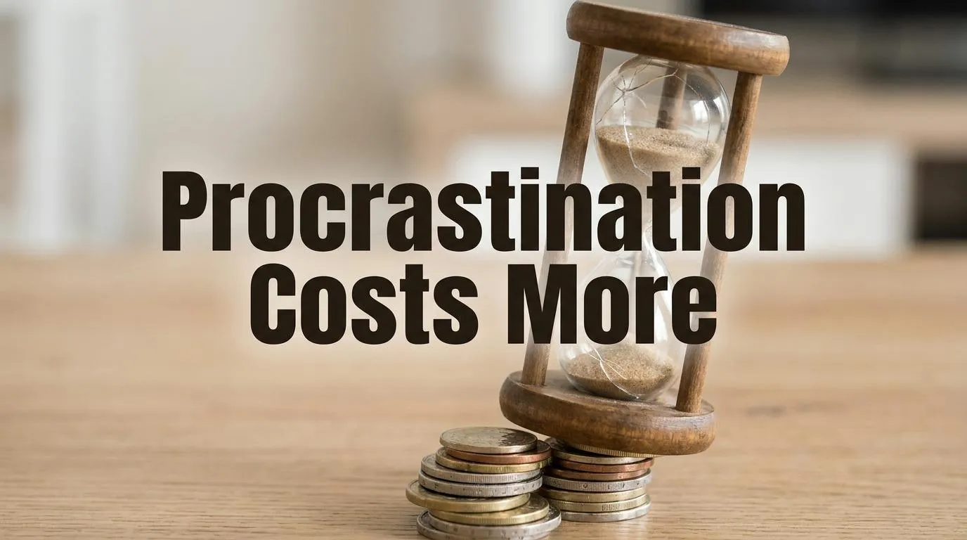 A wooden hourglass with sand sits on two stacks of coins on a light wooden surface, with the text “Procrastination Costs More” overlayed.