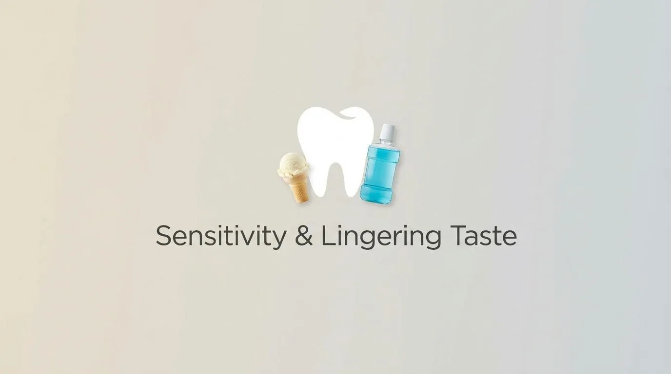 A white tooth icon is centered between an ice cream cone and a blue mouthwash bottle, with the text “Sensitivity & Lingering Taste” below, all on a soft gradient background.