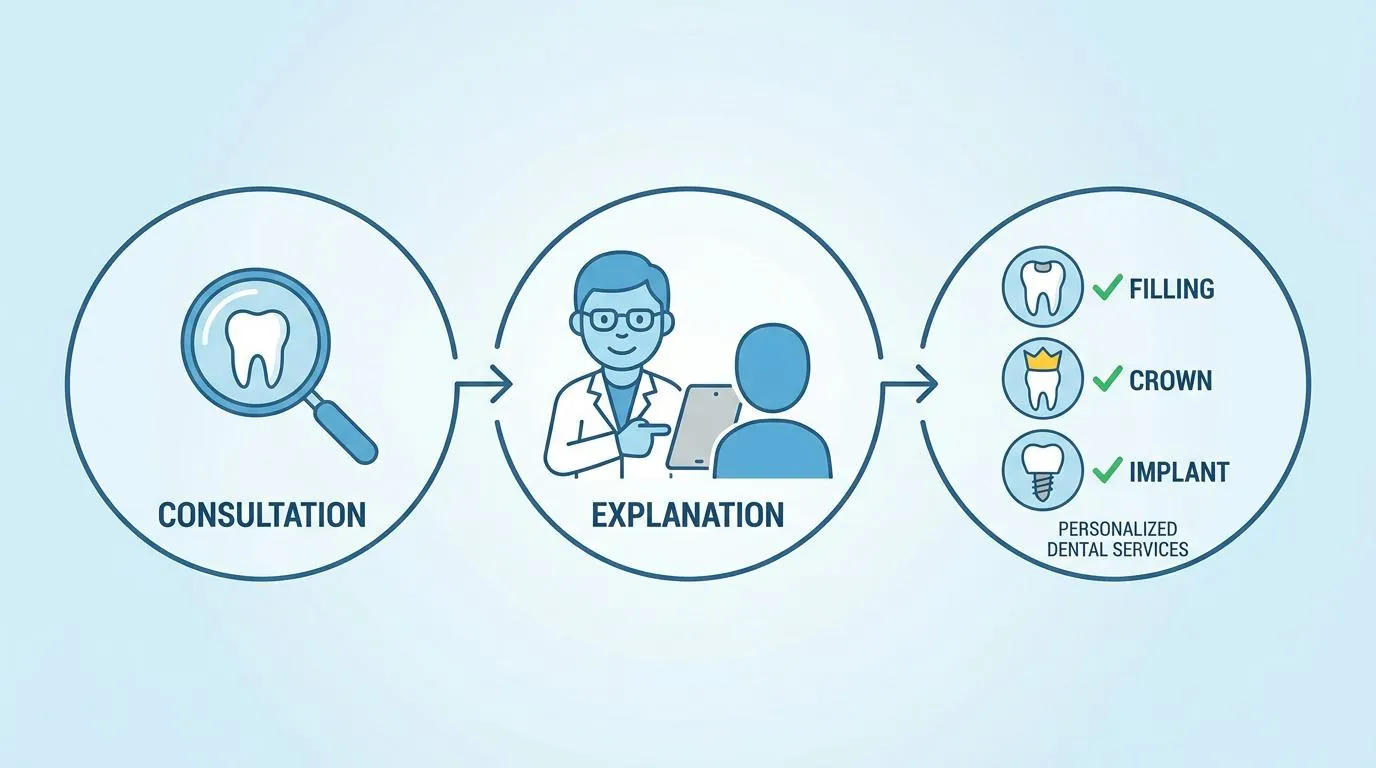 An infographic shows a three-step process: a magnifying glass over a tooth labeled “CONSULTATION,” a dentist figure explaining to a patient figure labeled “EXPLANATION,” and icons for filling, crown, and implant services labeled “PERSONALIZED DENTAL SERVICES.”