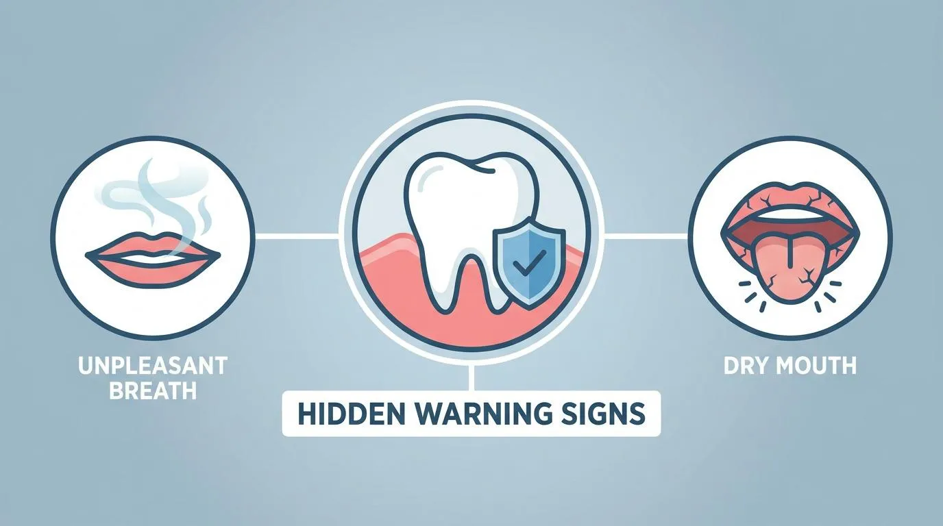 Three icons on a gray background: a mouth with vapor and “UNPLEASANT BREATH,” a tooth with a shield and gums, and a cracked mouth with “DRY MOUTH,” all connected by lines to “HIDDEN WARNING SIGNS.”