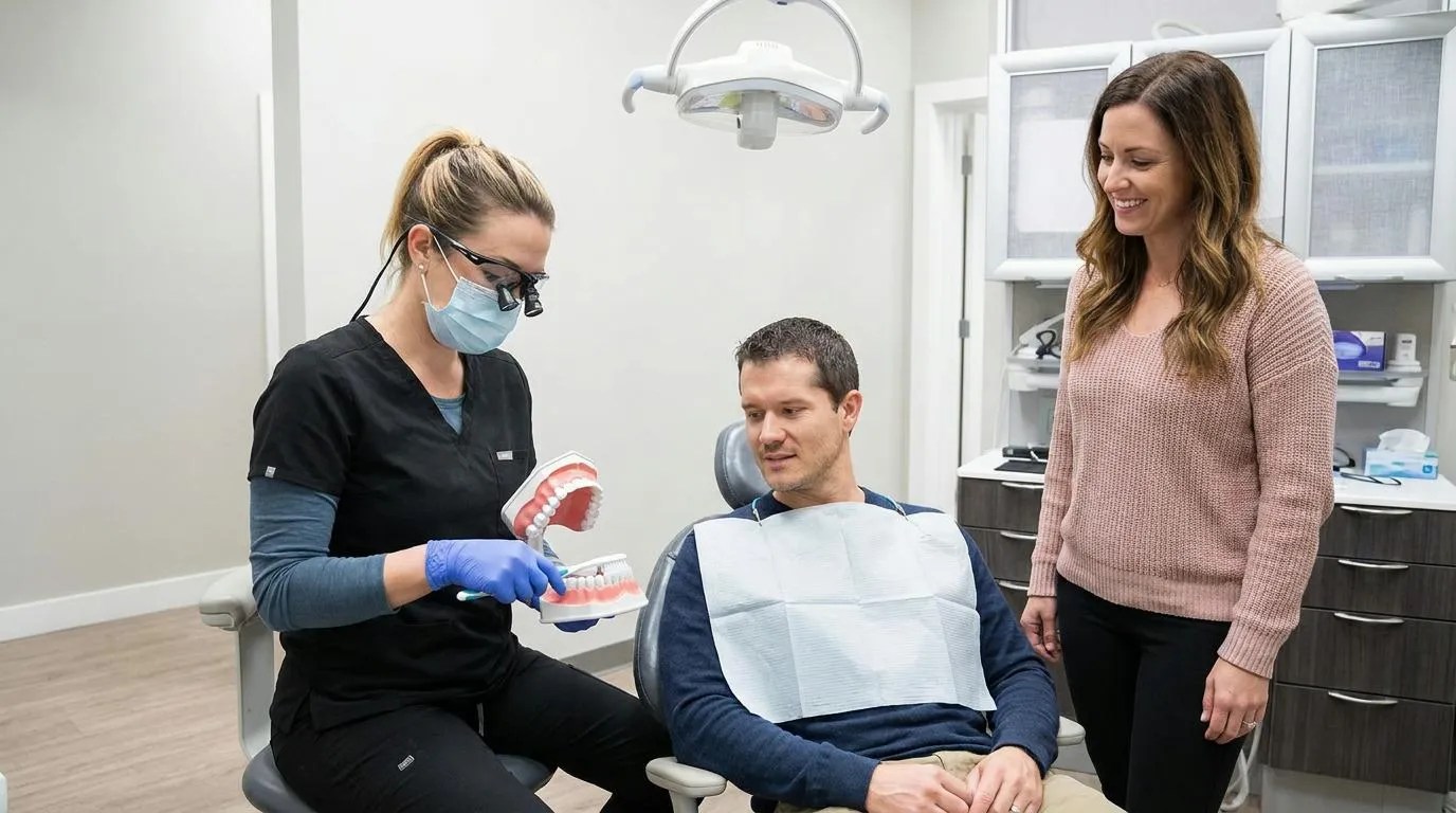A dental professional in scrubs and a mask demonstrates brushing on a large teeth model to a male patient in a dental chair, while a woman in a pink sweater stands smiling nearby in a bright exam room.