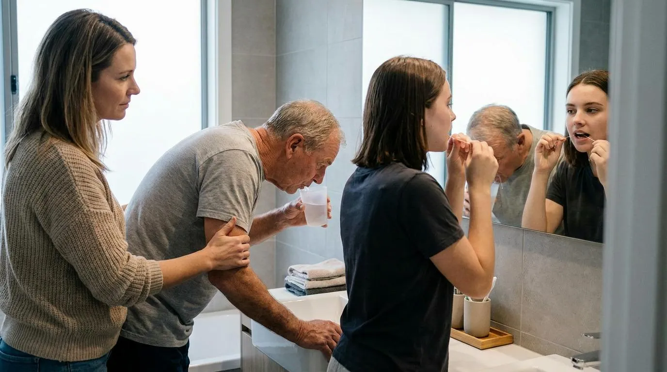 A woman in a beige sweater holds another person&rsquo;s arm as he leans over a sink, rinsing his mouth with water from a cup, while a third person flosses their teeth in a mirror.