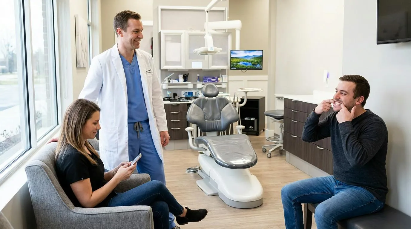 A smiling dentist in a white lab coat and blue scrubs stands next to a woman in a gray armchair looking at her phone, while a man seated on a bench points to his teeth.