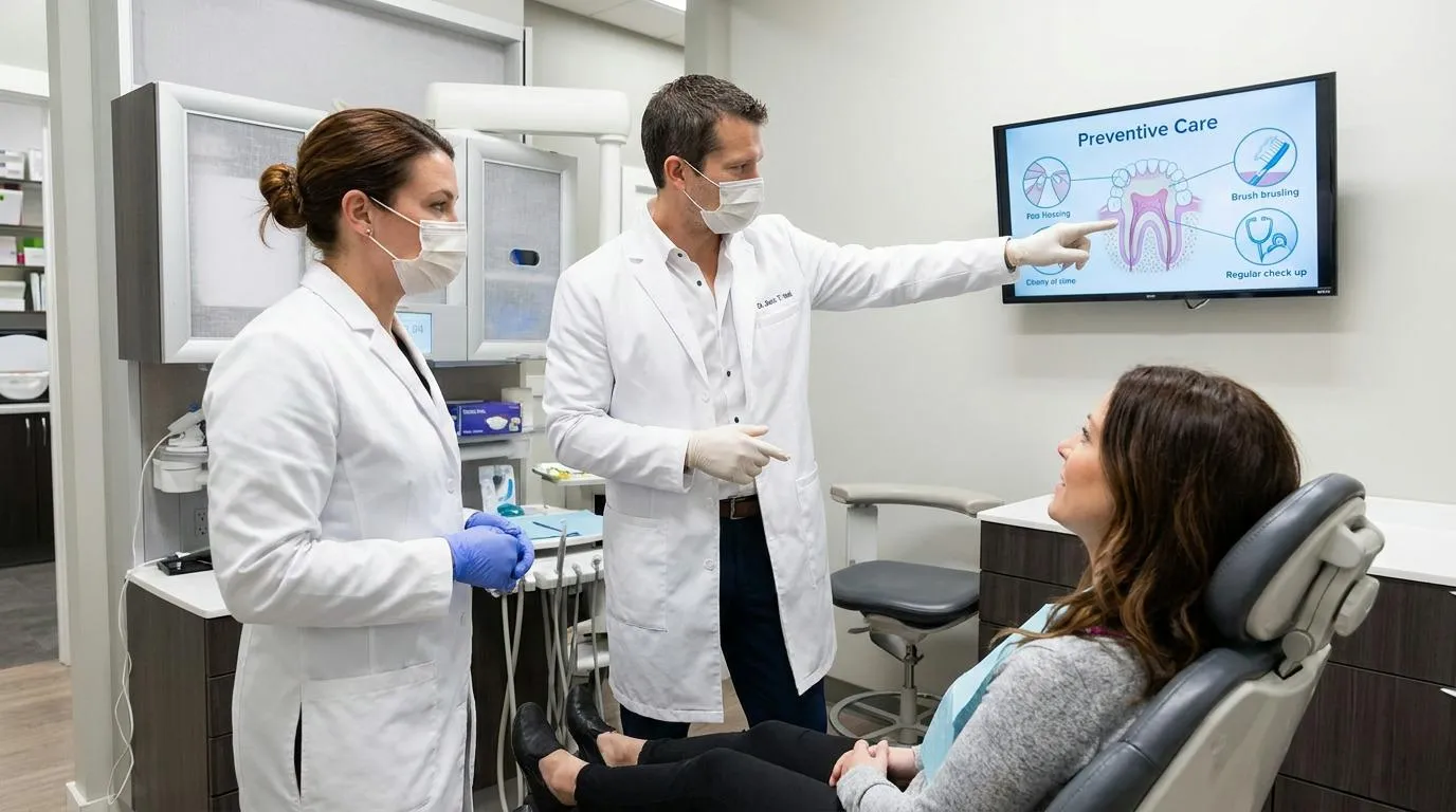 A dentist points to a preventive care diagram while a dental assistant stands nearby and a patient sits in the chair.