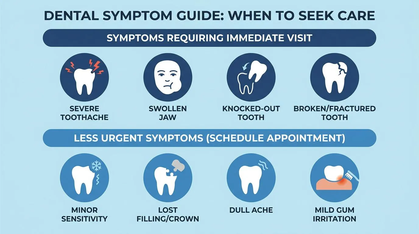 An infographic displays a dental symptom guide with two rows of icons: severe toothache, swollen jaw, knocked-out tooth, broken tooth, minor sensitivity, lost filling, dull ache, and mild gum irritation.