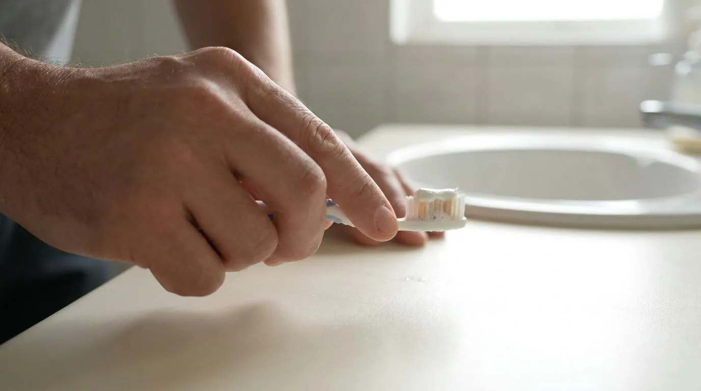 A person&rsquo;s hands hold a toothbrush with toothpaste on it, positioned over a light-colored bathroom counter next to a white sink.
