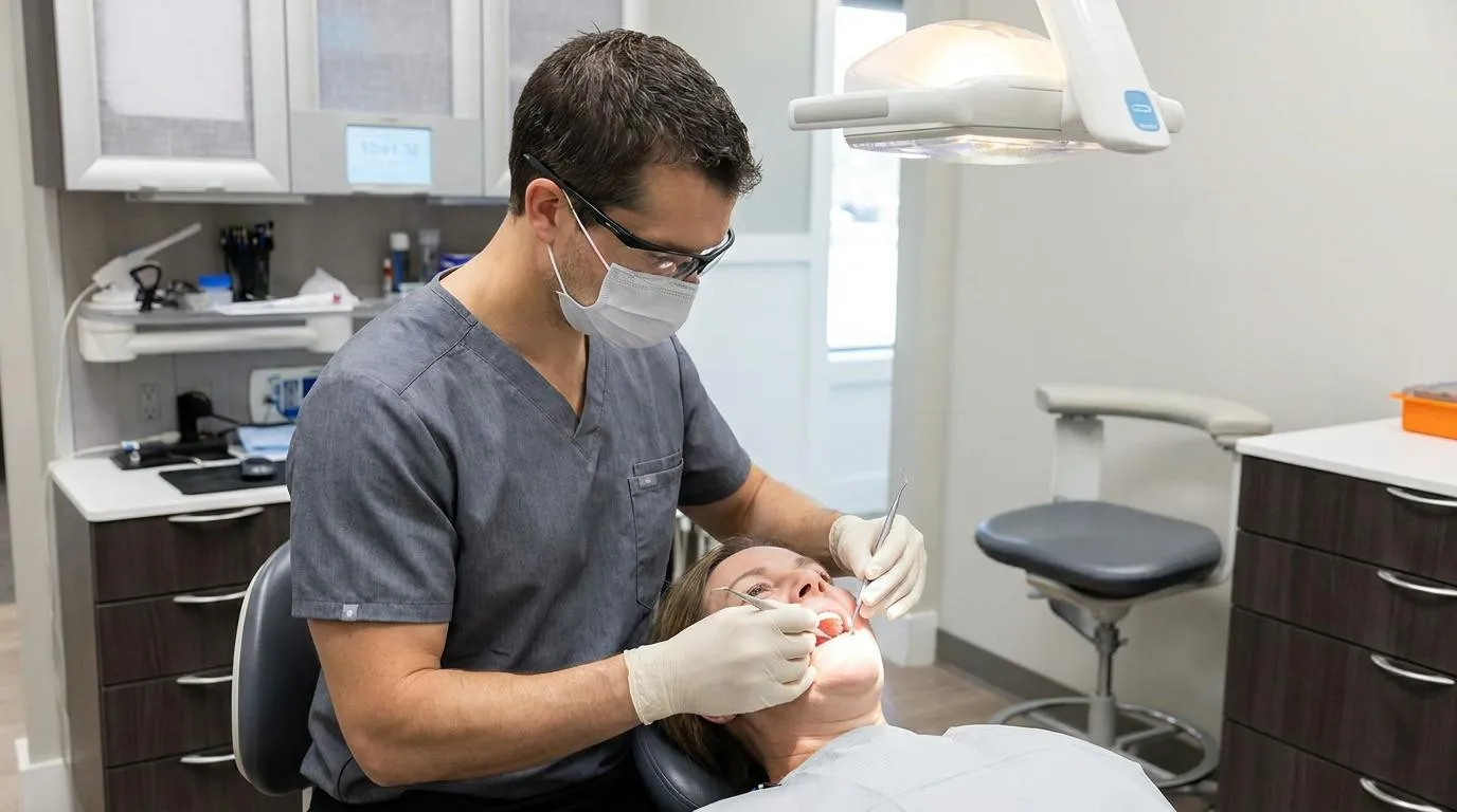 A dentist in scrubs, safety glasses, and a mask examines a patient&rsquo;s teeth.