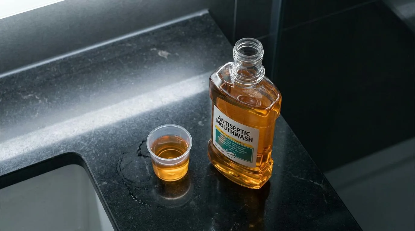 An open bottle of amber antiseptic mouthwash and a clear measuring cup filled with mouthwash sit on a dark, speckled bathroom counter next to a white sink.
